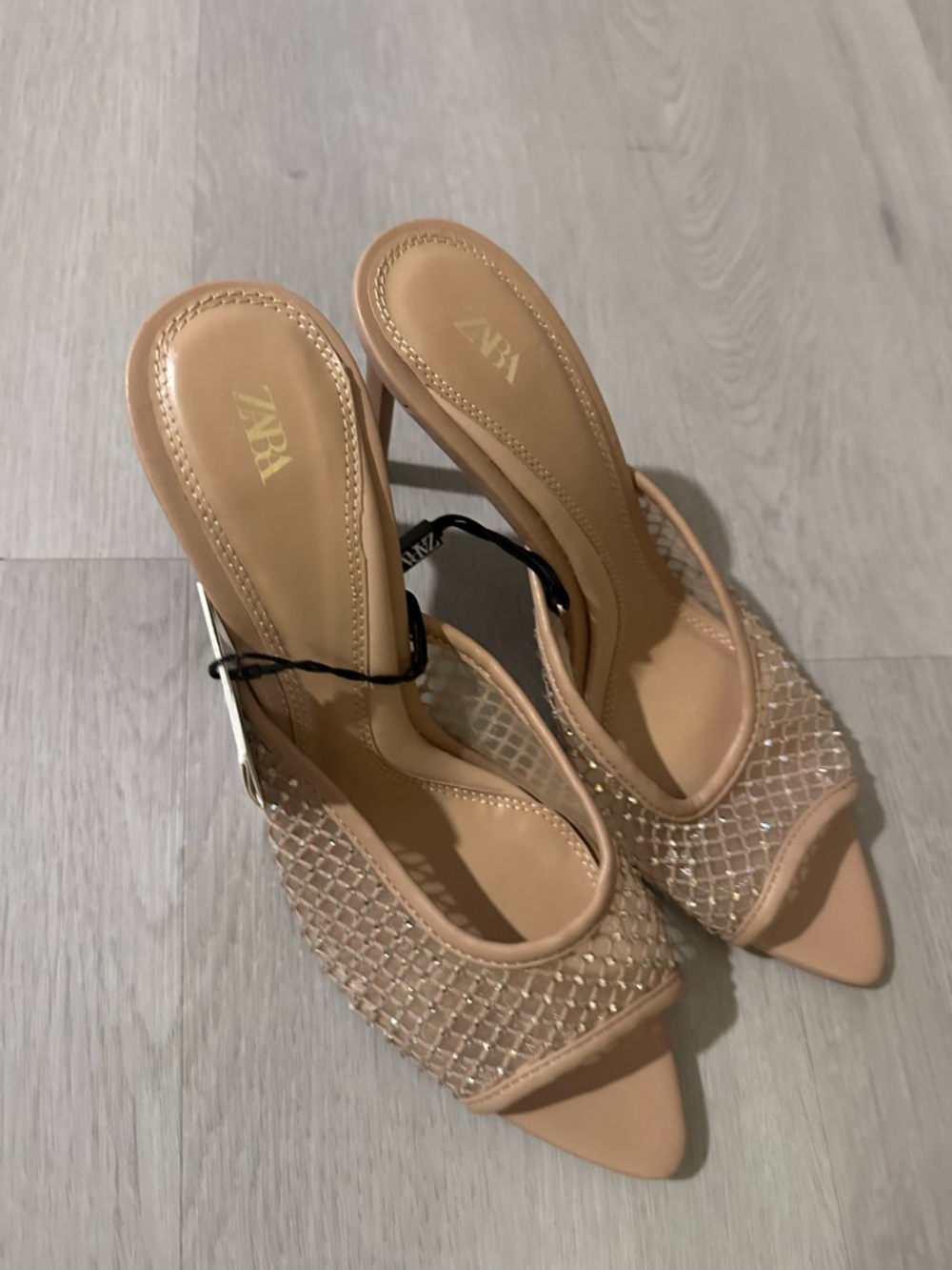 Zara Nude Blush Mesh Slingback Heels with Crystal Netting